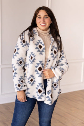 SG114 - She Could Be The One Ivory Aztec Pattern Button Down Sherpa