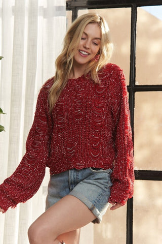 AD106 - RED DISTRESSED SWEATER -