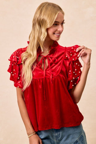 BIB118 - RED VELVET PEARL SLEEVE TOP