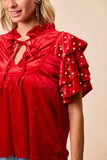 BIB118 - RED VELVET PEARL SLEEVE TOP