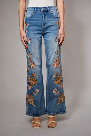BLB125 -  FLORAL EMB JEANS -