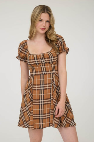 BLU125 - BROWN PLAID MINI DRESS