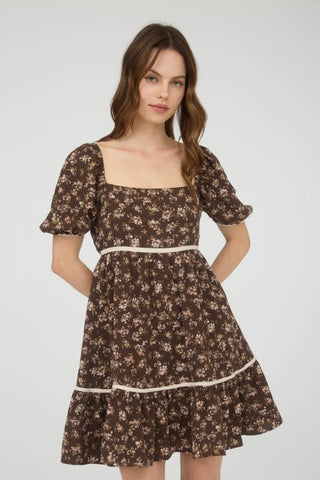 BLU131 - BROWN FLORAL MINI DRESS -