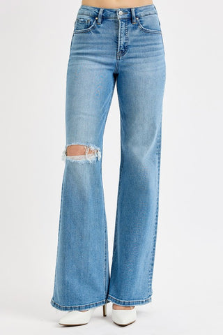 RIS112 - DISTRESS KNEE WIDE LEG JEAN -