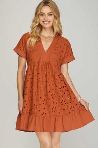 SS127 - RUST EYELET DRESS -